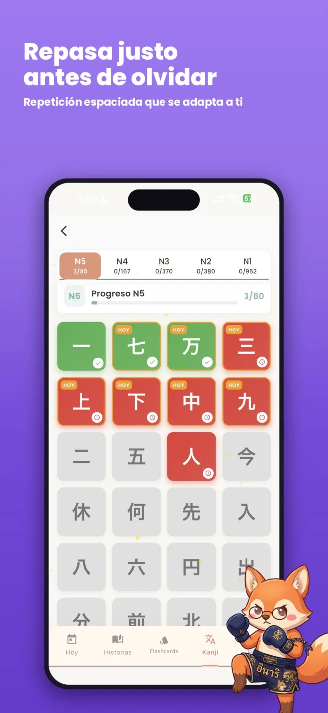 Kanji progress grid with color-coded tiles and a progress bar