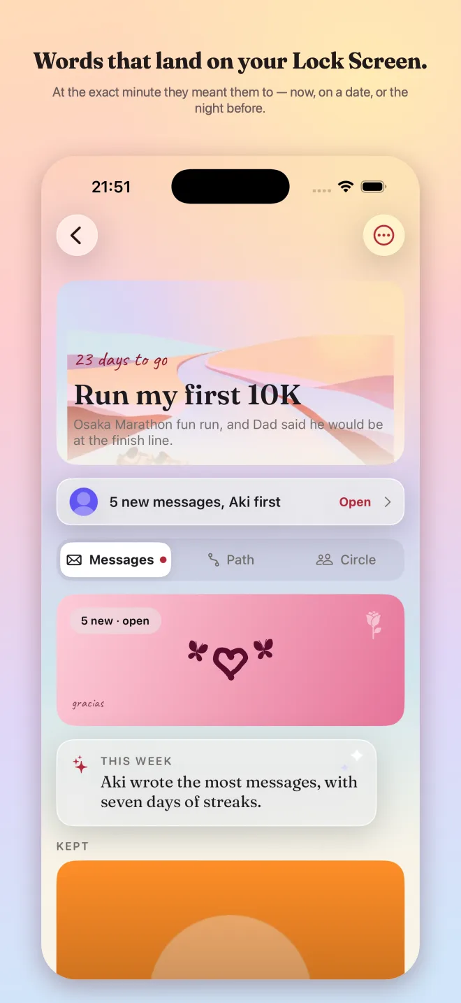 Goal view listing messages from friends as paper-styled cards
